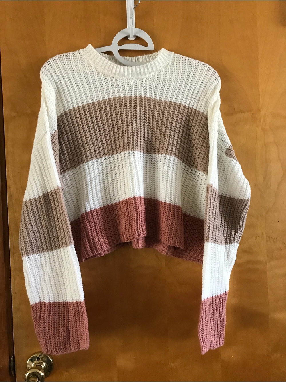 moon & madison Cropped Striped Crewneck Sweater - Cream, Tan & Dusty Rose